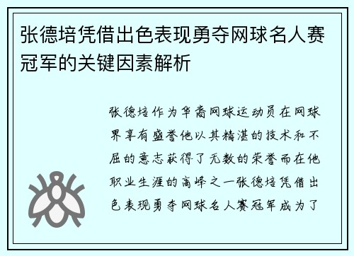 张德培凭借出色表现勇夺网球名人赛冠军的关键因素解析