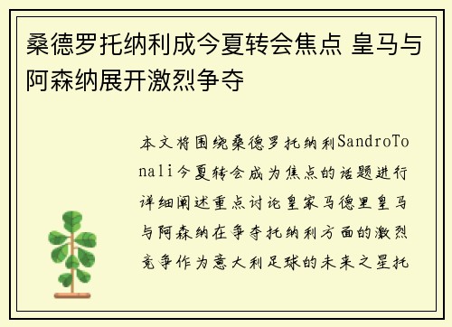 桑德罗托纳利成今夏转会焦点 皇马与阿森纳展开激烈争夺