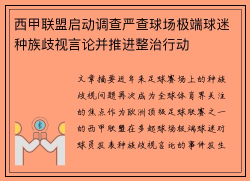西甲联盟启动调查严查球场极端球迷种族歧视言论并推进整治行动